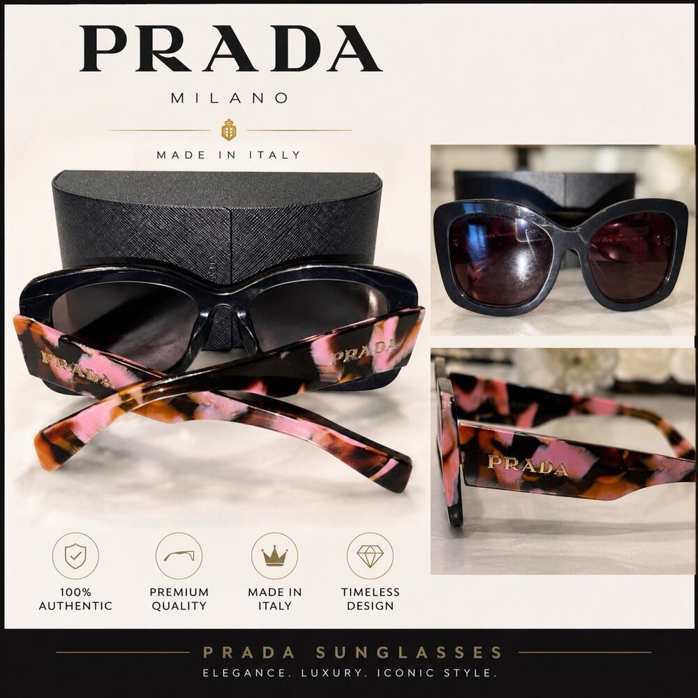PRADA Women's Rectangle Sunglasses Black Plastic Frame Brown Tinted Lenses